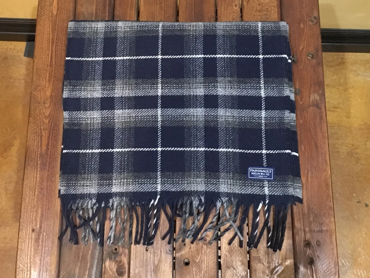 16804 Faribault Woolen Mills Macalester Wool Scarf Ink Blue Plaid