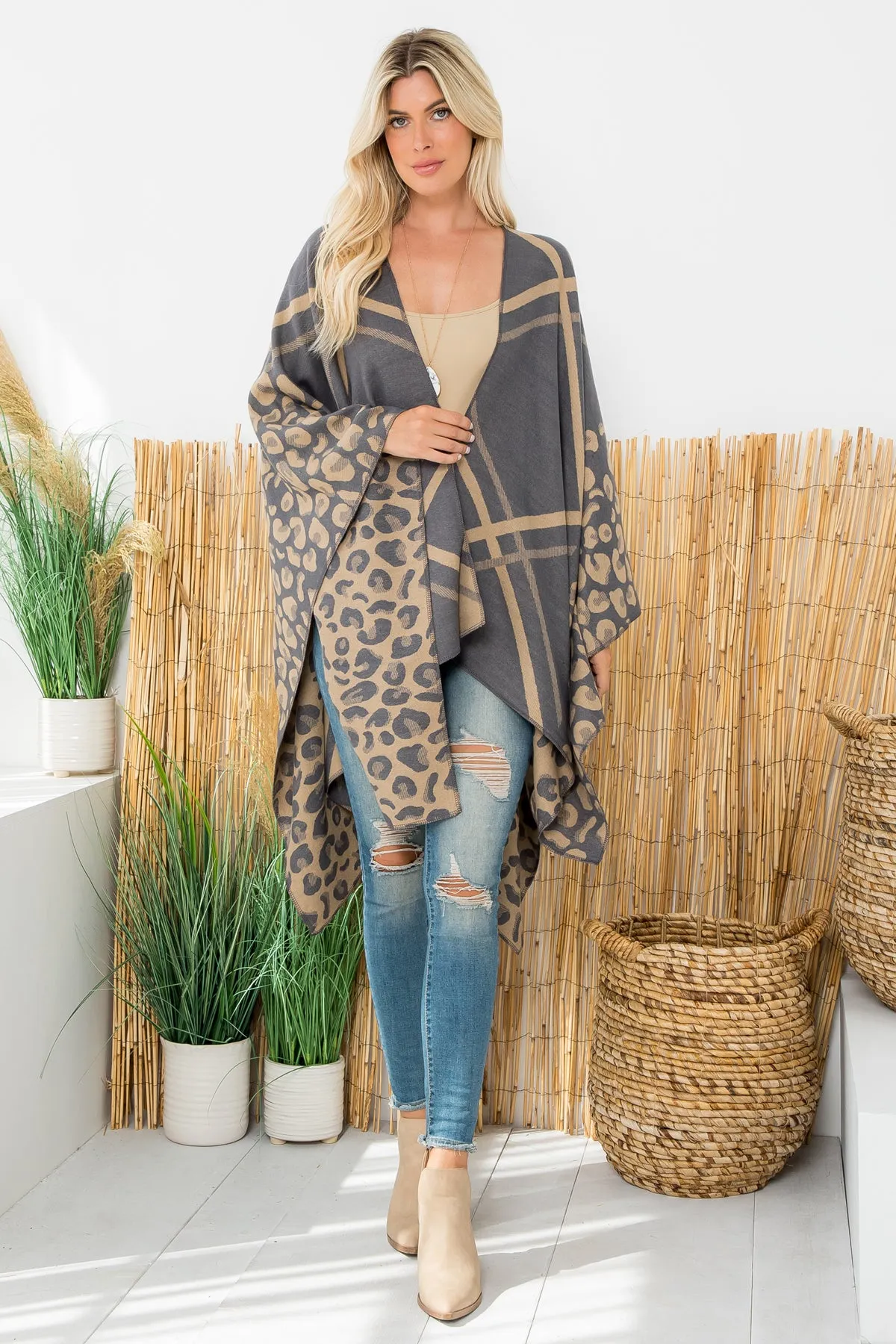 ANIMAL PRINT PLAID WARMER OPEN FRONT KIMONO