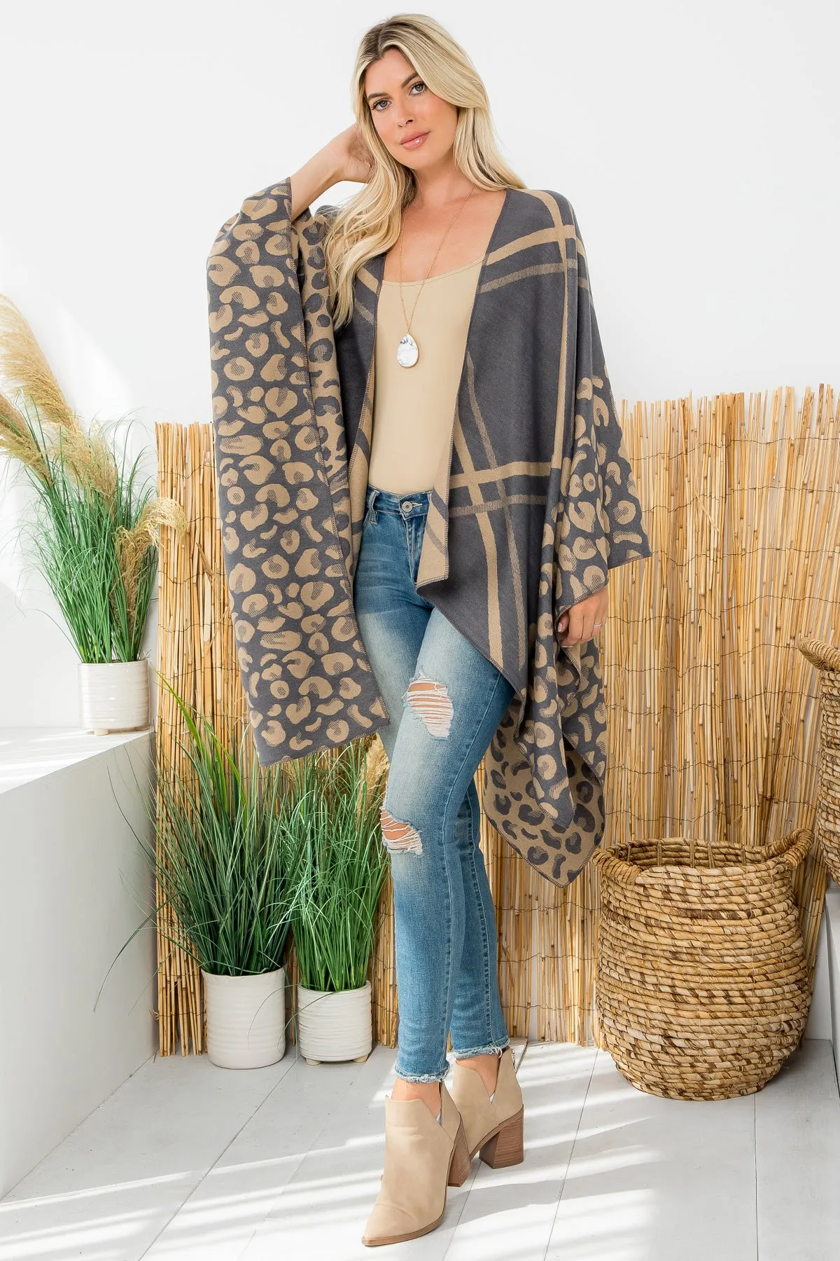 ANIMAL PRINT PLAID WARMER OPEN FRONT KIMONO