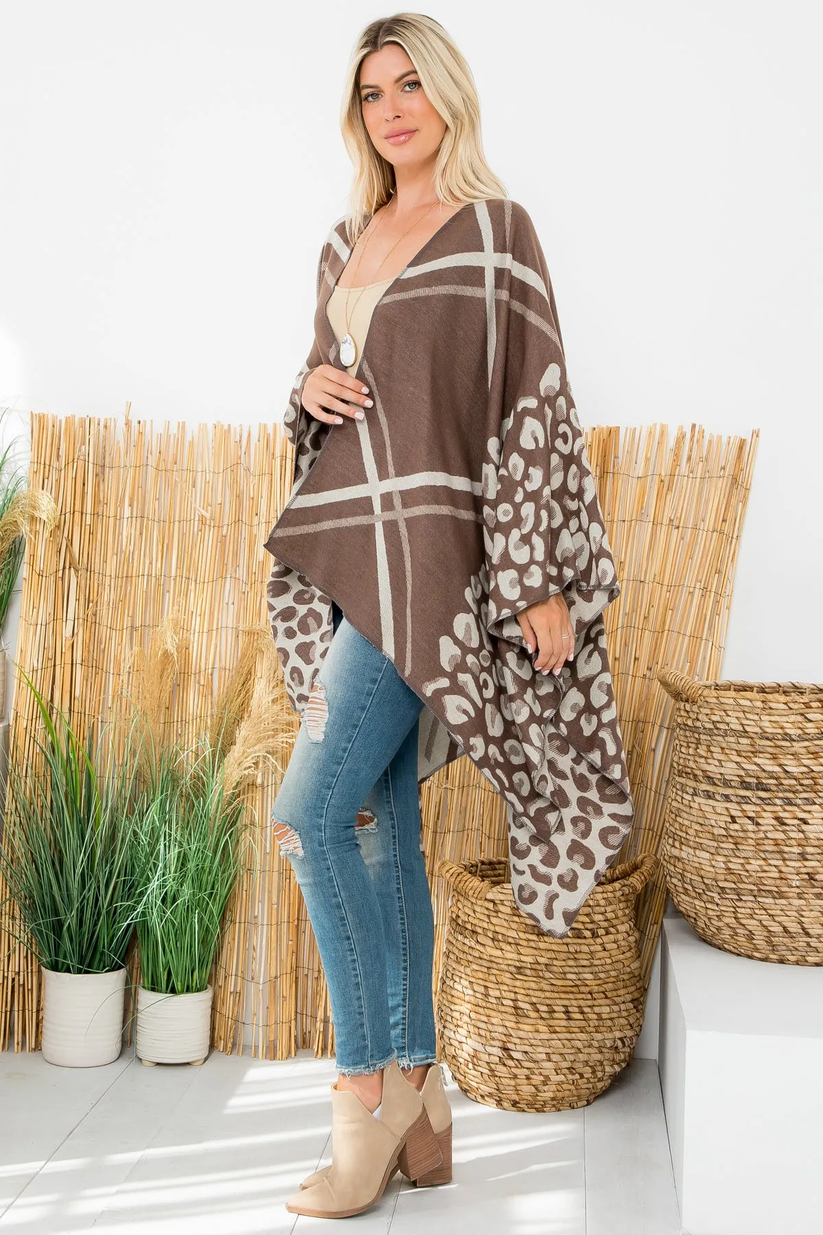 ANIMAL PRINT PLAID WARMER OPEN FRONT KIMONO