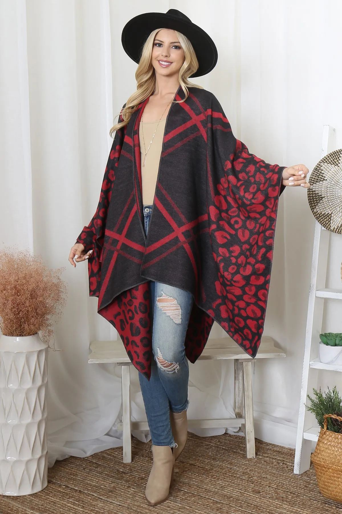 ANIMAL PRINT PLAID WARMER OPEN FRONT KIMONO