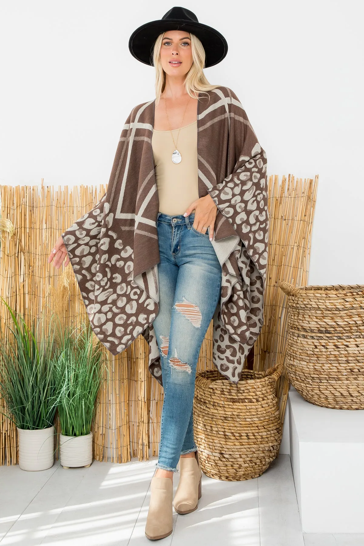 ANIMAL PRINT PLAID WARMER OPEN FRONT KIMONO