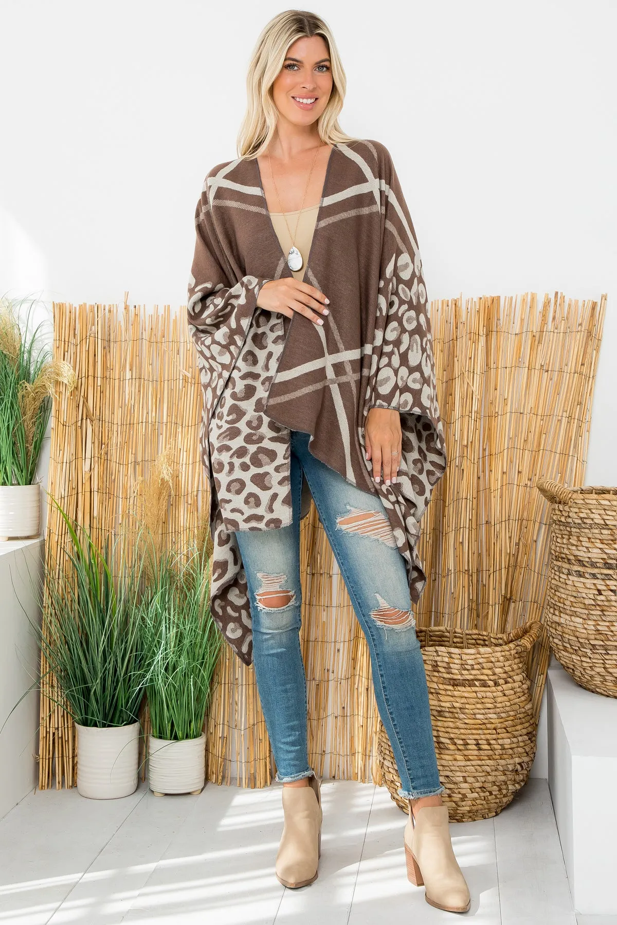 ANIMAL PRINT PLAID WARMER OPEN FRONT KIMONO