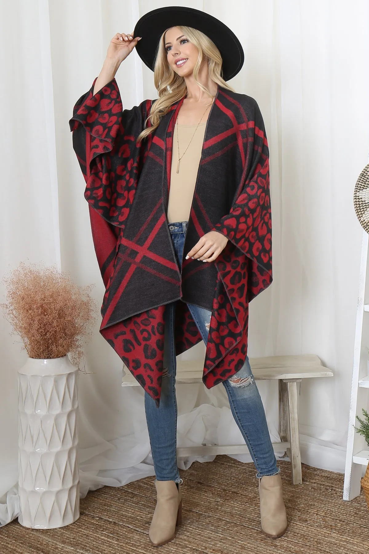 ANIMAL PRINT PLAID WARMER OPEN FRONT KIMONO