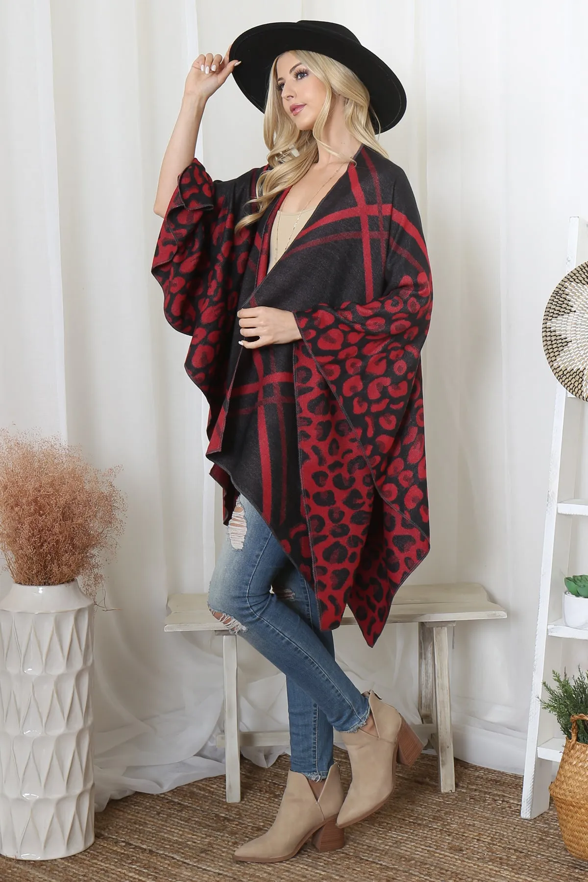 ANIMAL PRINT PLAID WARMER OPEN FRONT KIMONO