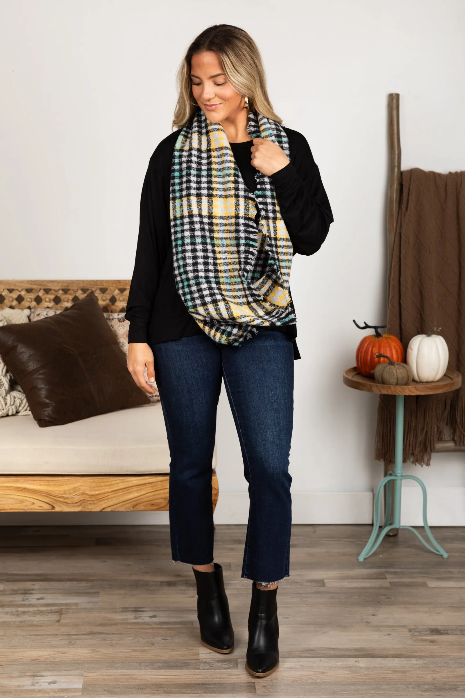 Black Multicolor Plaid Infinity Scarf