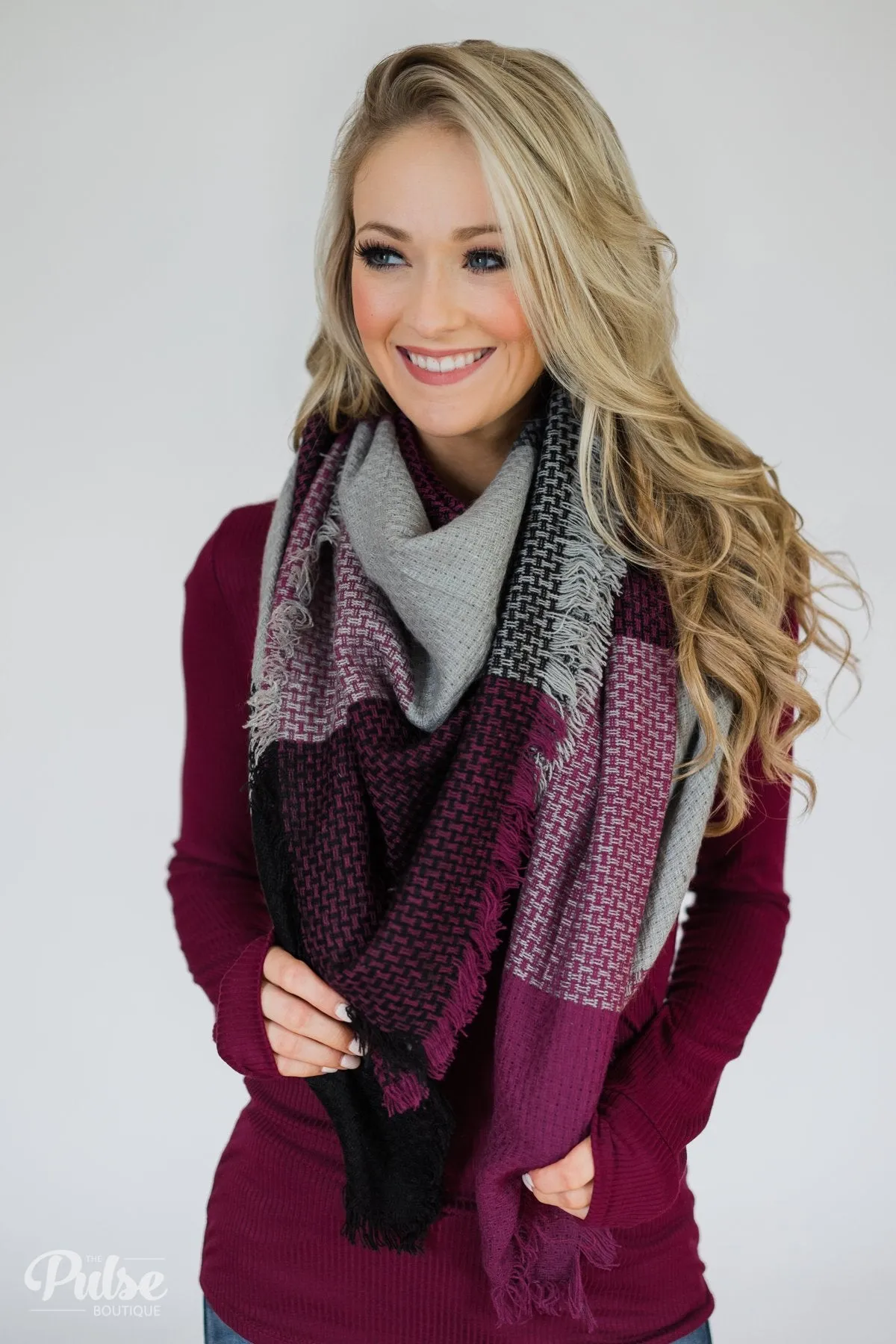 Blanket Scarf- Grey, Berry, & Black