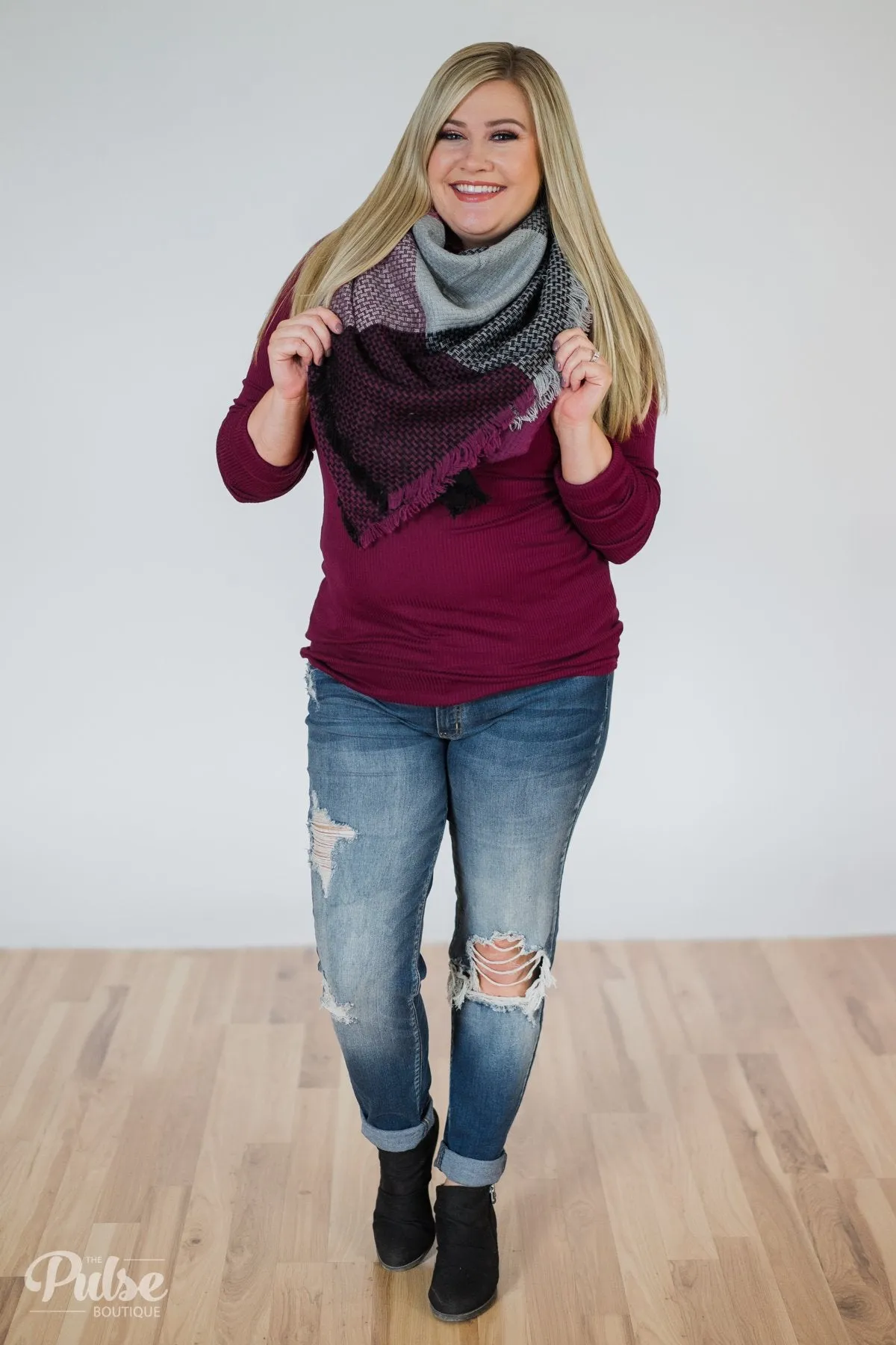 Blanket Scarf- Grey, Berry, & Black