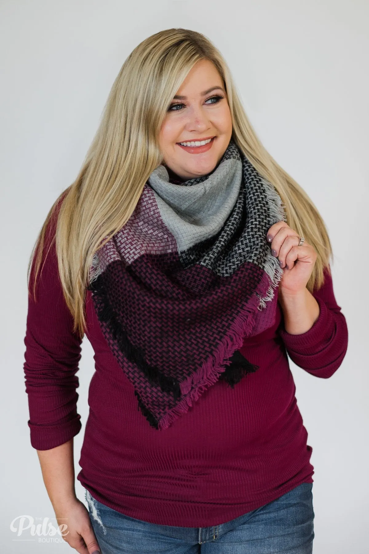 Blanket Scarf- Grey, Berry, & Black