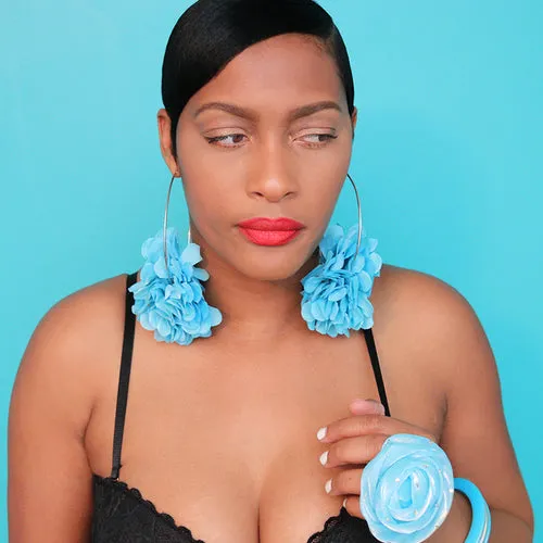 Blue Oversized Large Flower Hoop Earrings