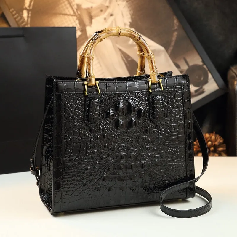 Brand Genuine Leather Bamboo Women&#39;s Bag Crocodile Pattern Ladies Handbag Portable Tote Bag Mom Tide Shoulder Messenger Bags