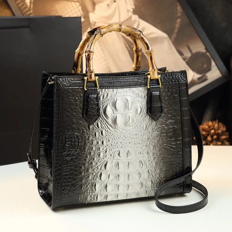 Brand Genuine Leather Bamboo Women&#39;s Bag Crocodile Pattern Ladies Handbag Portable Tote Bag Mom Tide Shoulder Messenger Bags