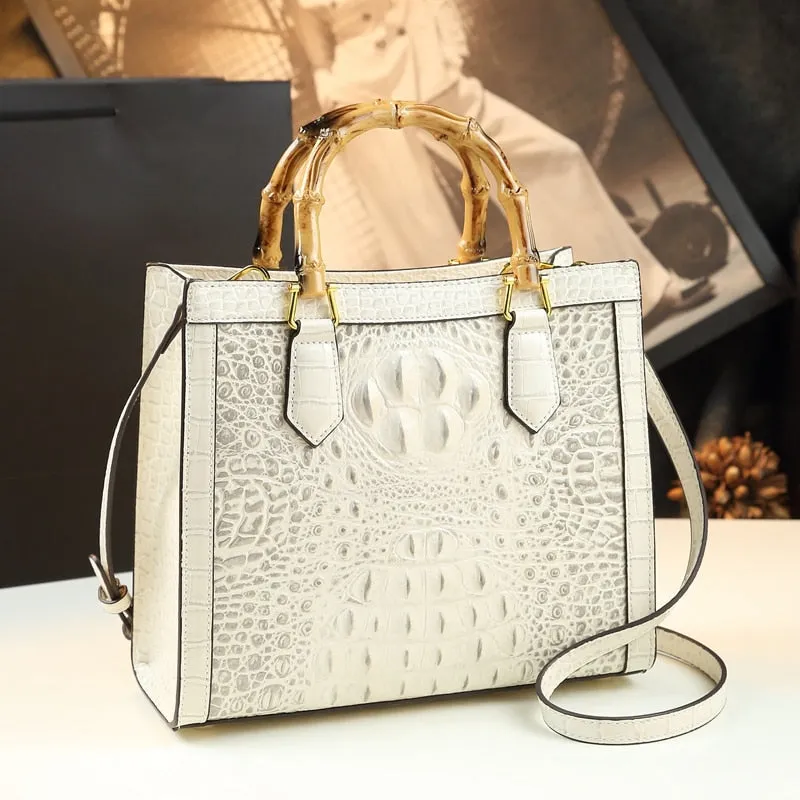 Brand Genuine Leather Bamboo Women&#39;s Bag Crocodile Pattern Ladies Handbag Portable Tote Bag Mom Tide Shoulder Messenger Bags