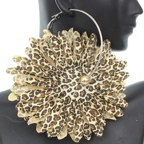 Brown Oversized Large Beaded Cheetah Hoop Earrings