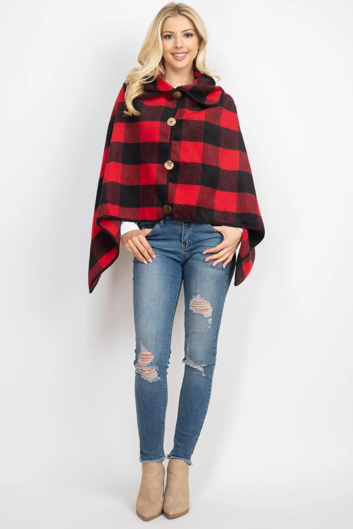 BUFFALO PLAID WITH BIG BUTTON ACCENT PONCHO