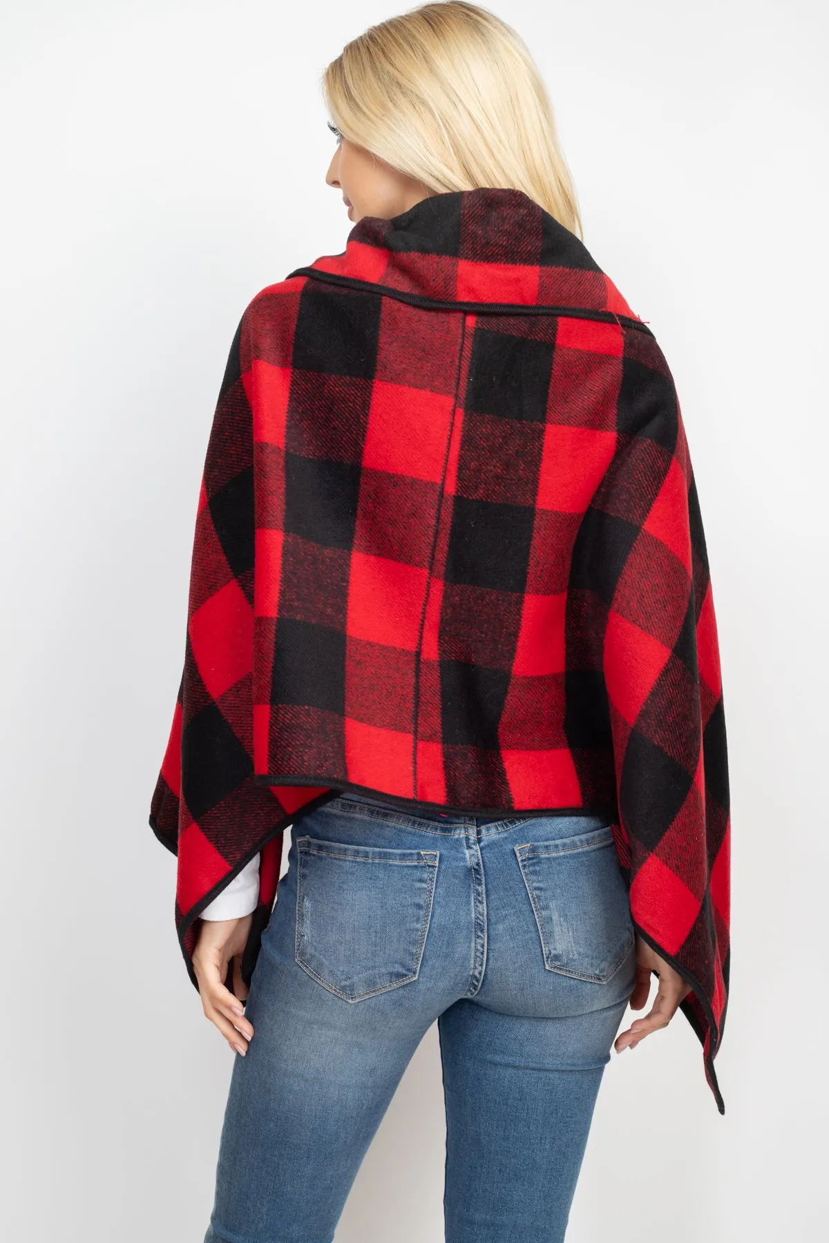 BUFFALO PLAID WITH BIG BUTTON ACCENT PONCHO