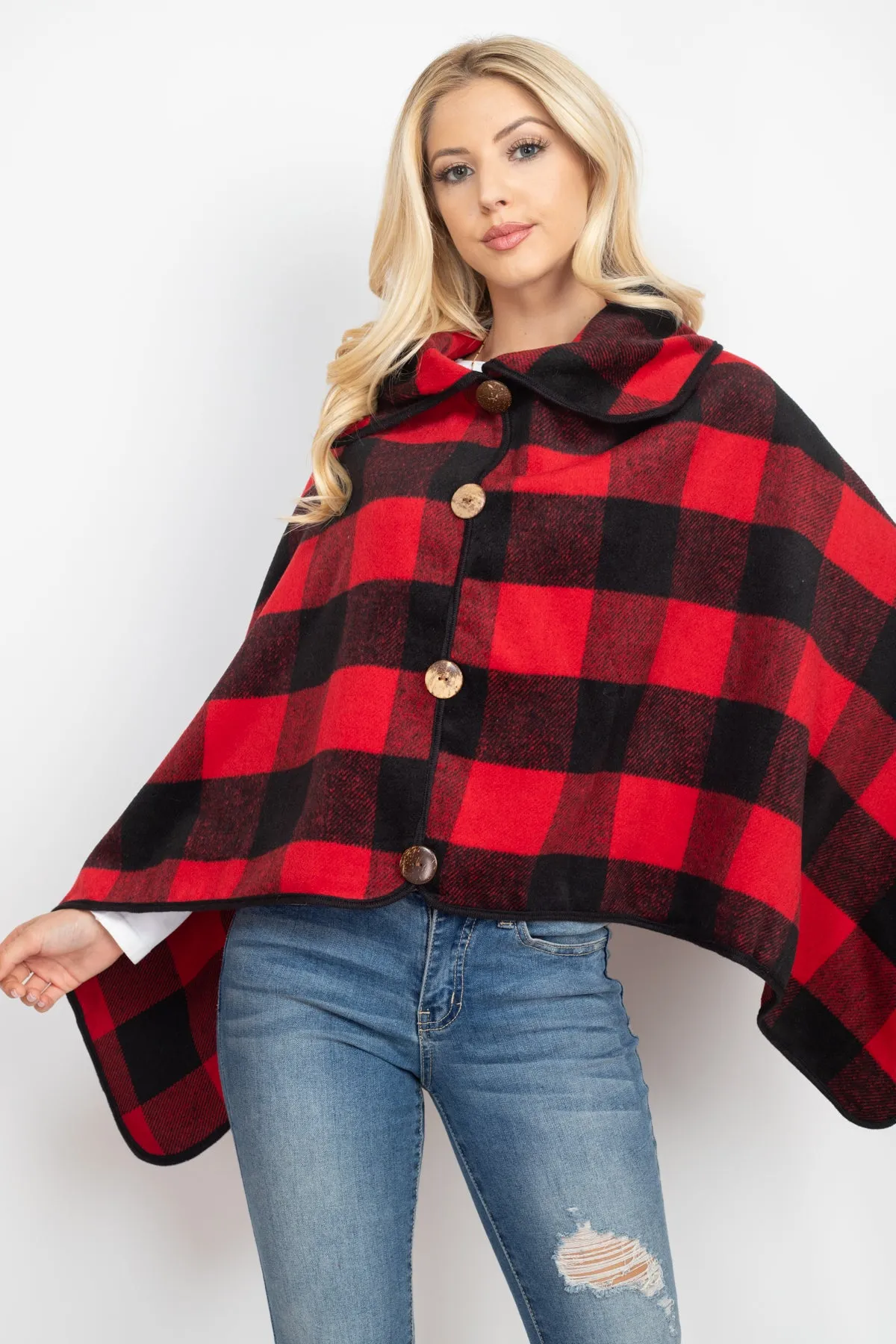 BUFFALO PLAID WITH BIG BUTTON ACCENT PONCHO