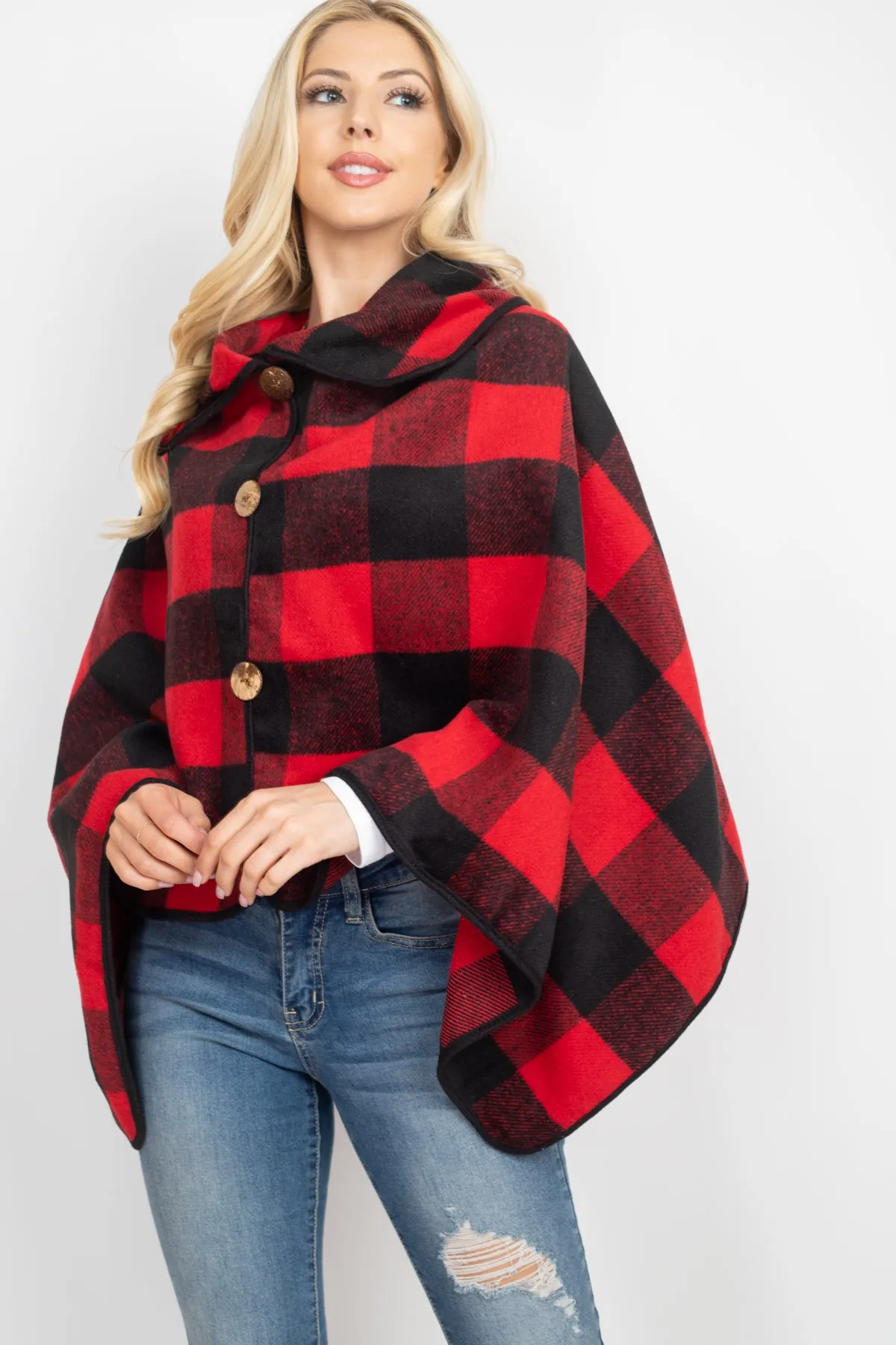 BUFFALO PLAID WITH BIG BUTTON ACCENT PONCHO