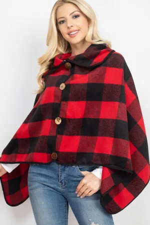 BUFFALO PLAID WITH BIG BUTTON ACCENT PONCHO