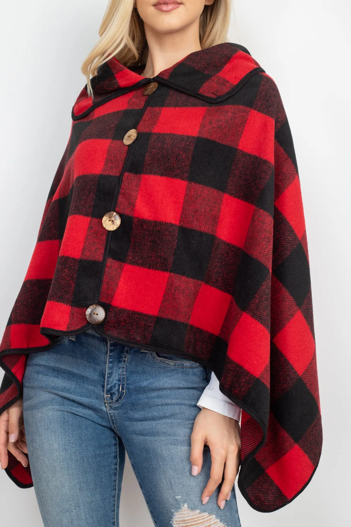 BUFFALO PLAID WITH BIG BUTTON ACCENT PONCHO