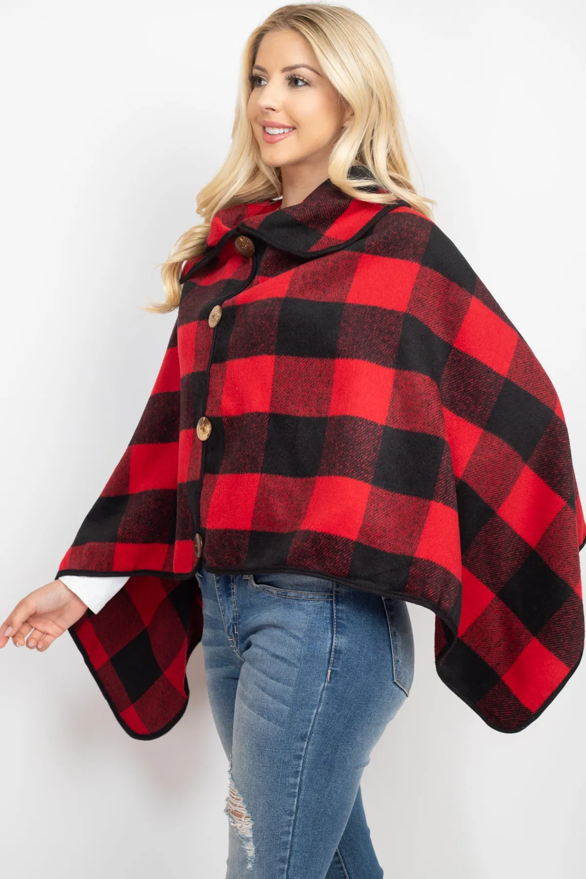 BUFFALO PLAID WITH BIG BUTTON ACCENT PONCHO