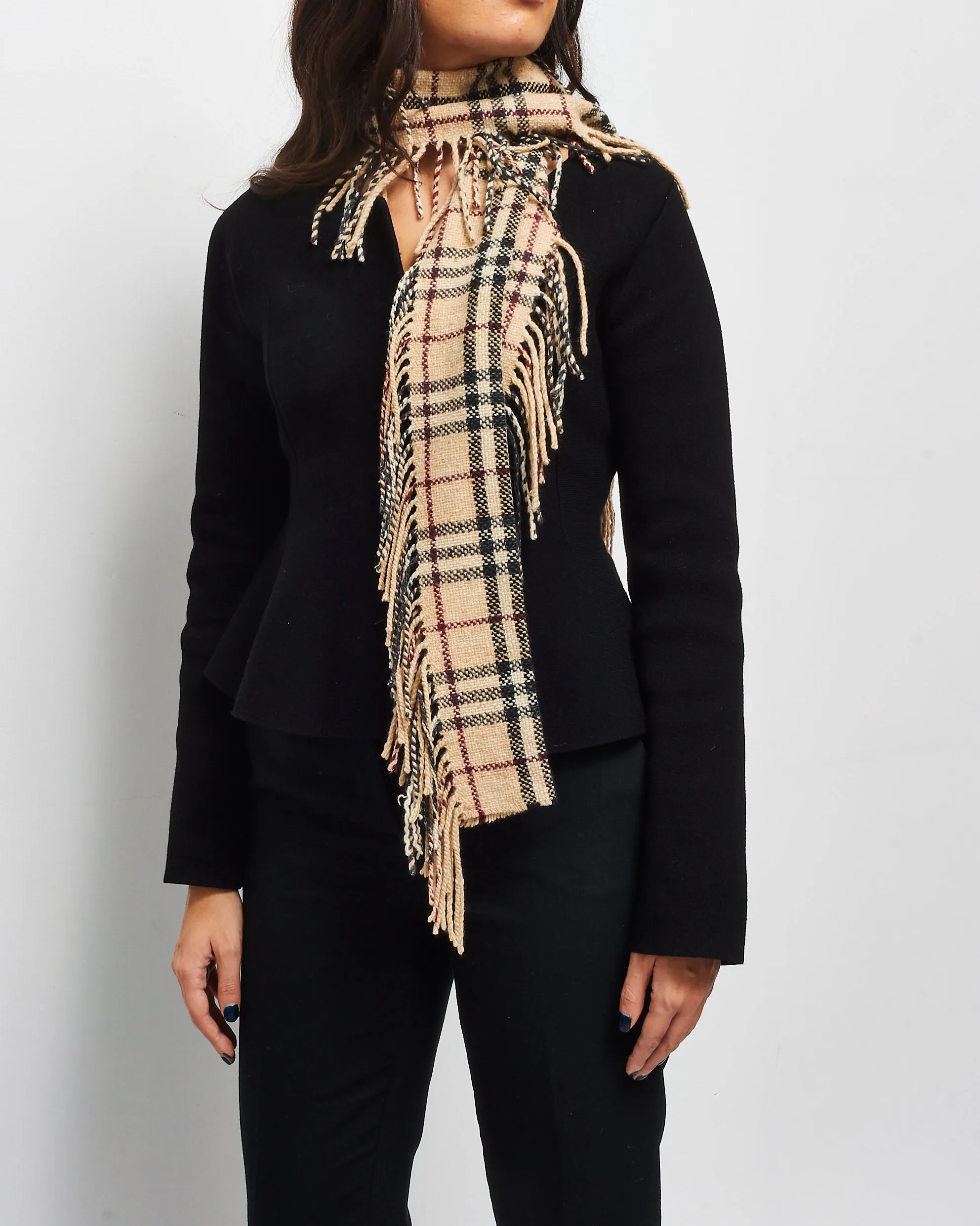 Burberry Beige Wool Cashmere Vintage Check Happy Fringe Scarf