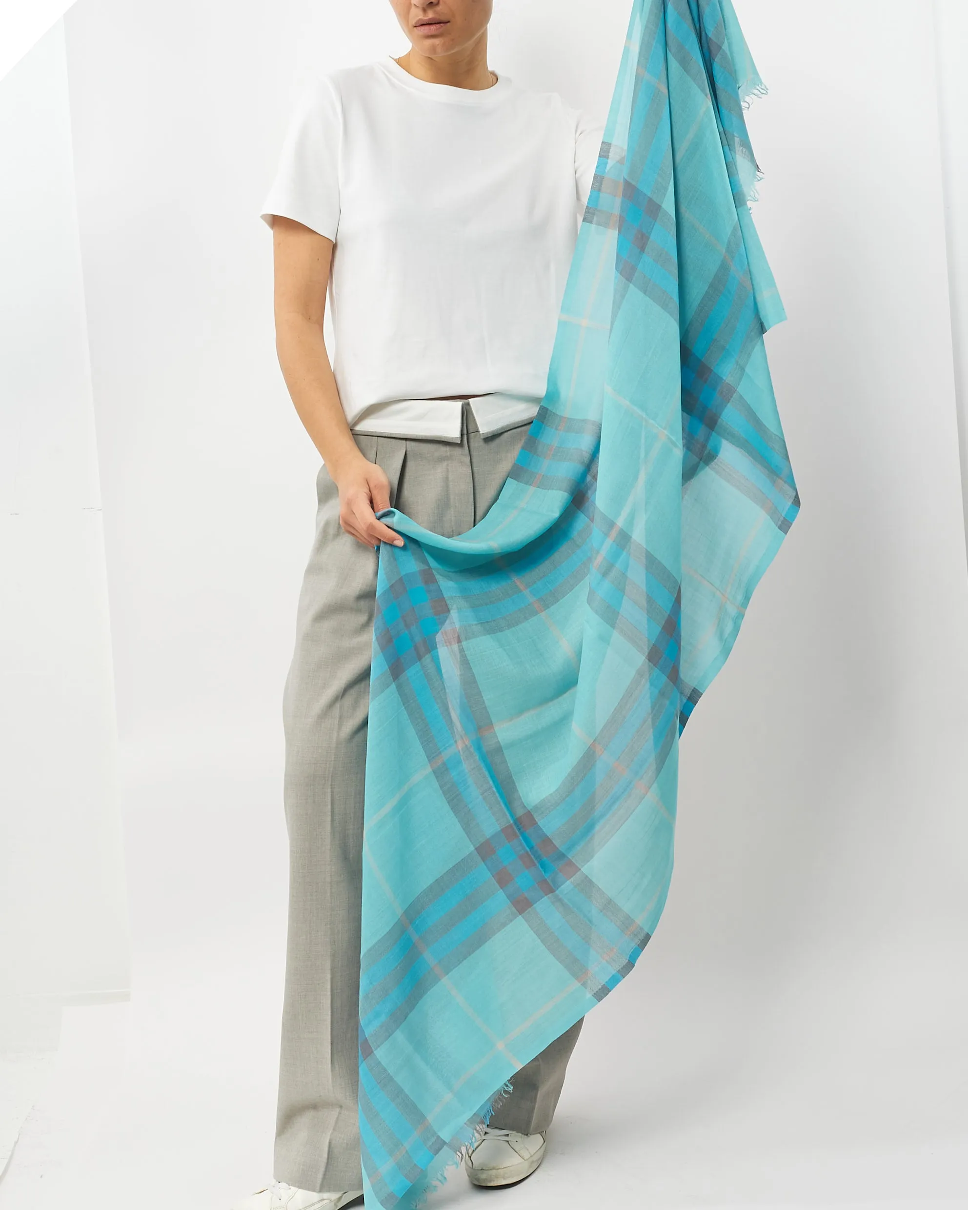 Burberry Blue Plaid Lightweight Fabric Scarf