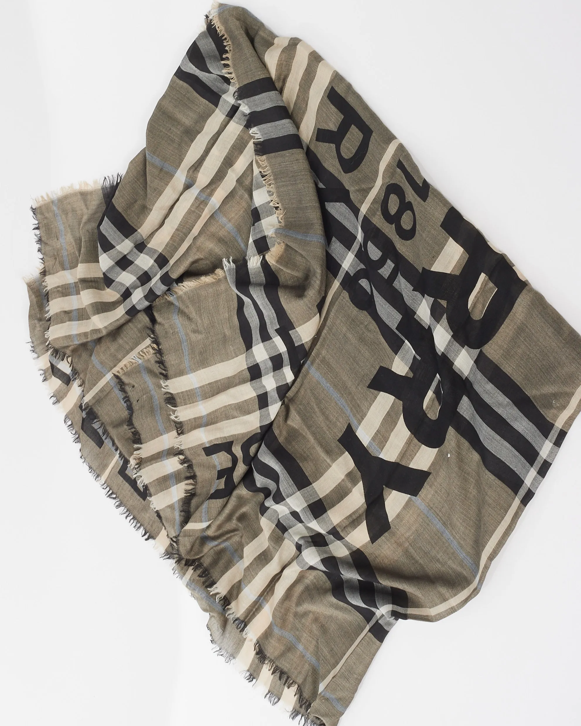 Burberry Grey Plaid Logo Fabric Scarf