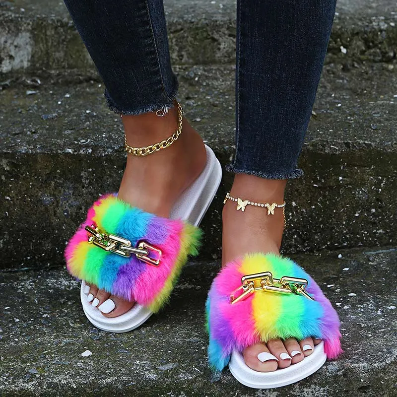 Colorblcok Chains Decoration Fluffy Sandals