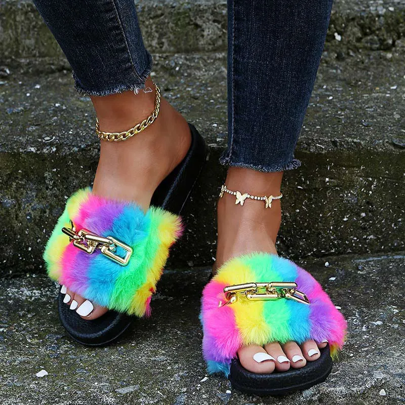 Colorblcok Chains Decoration Fluffy Sandals