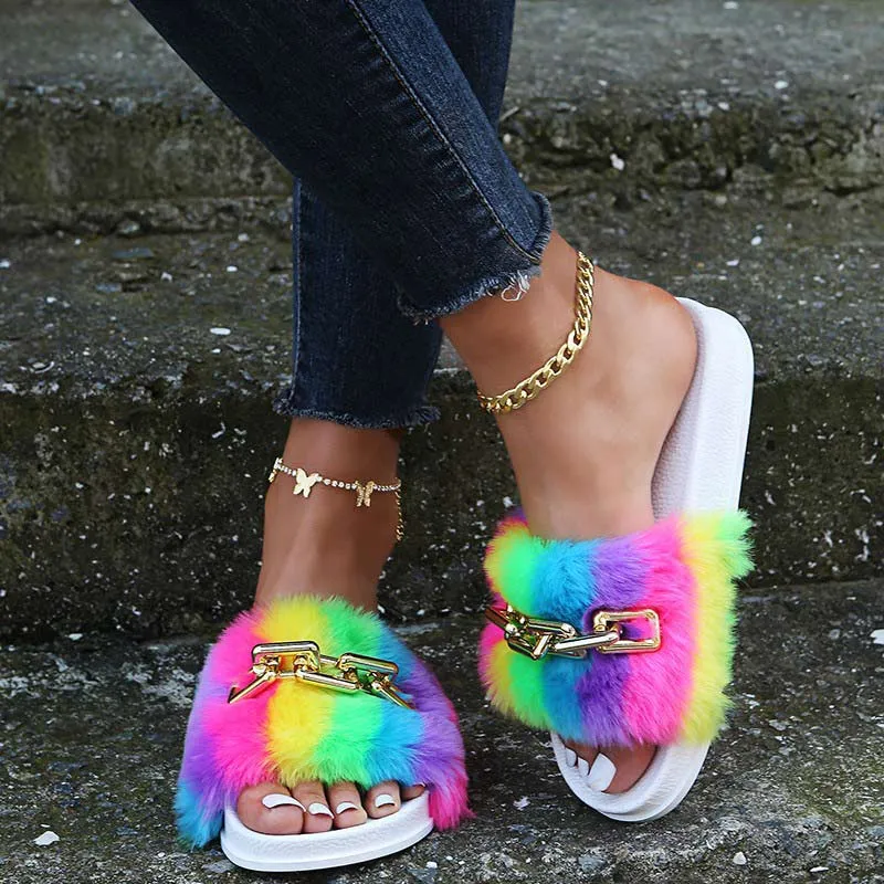 Colorblcok Chains Decoration Fluffy Sandals