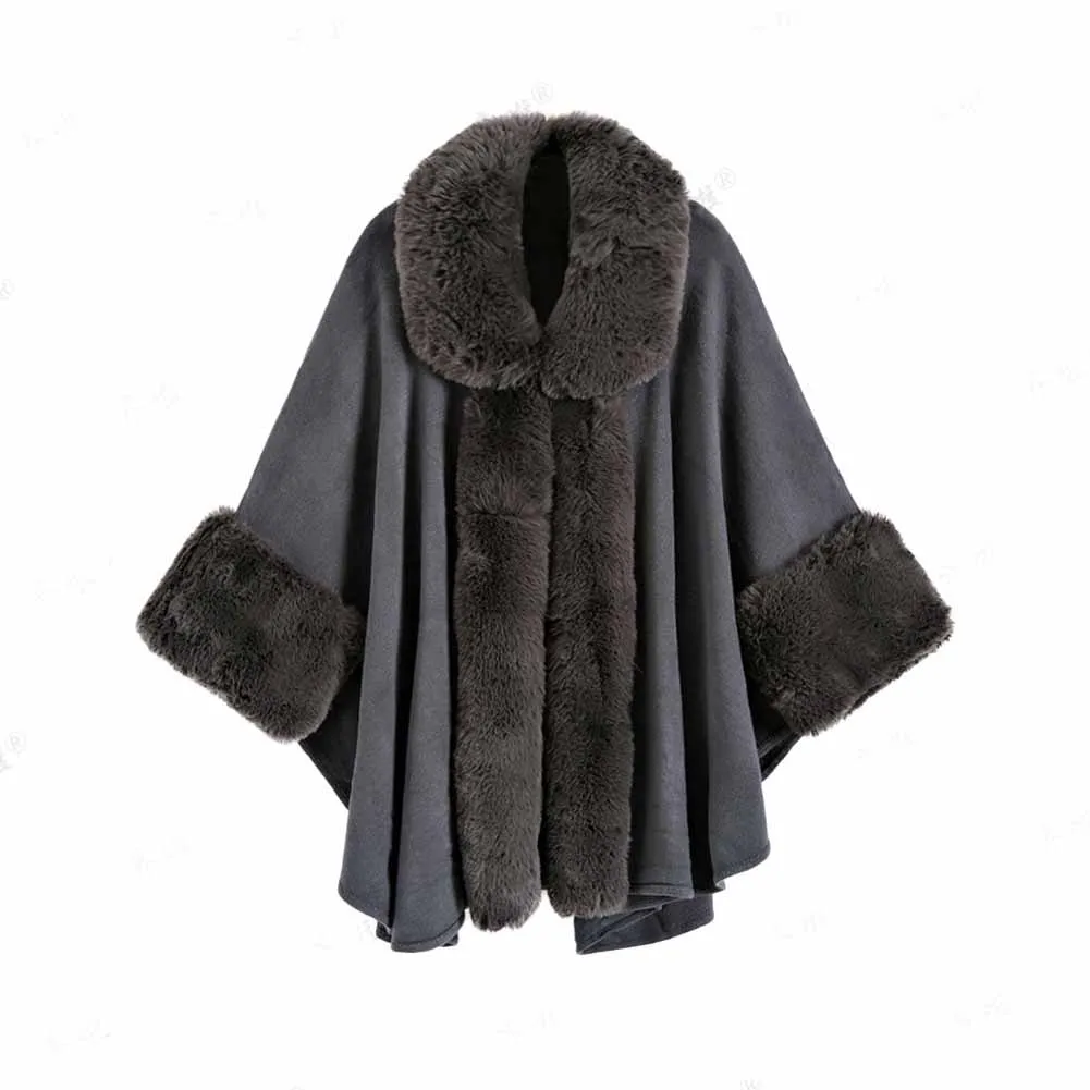 Faux Fox Fur Trim Cardigan Cloak Shawl Wraps Winter Poncho Oversized Cape Coat