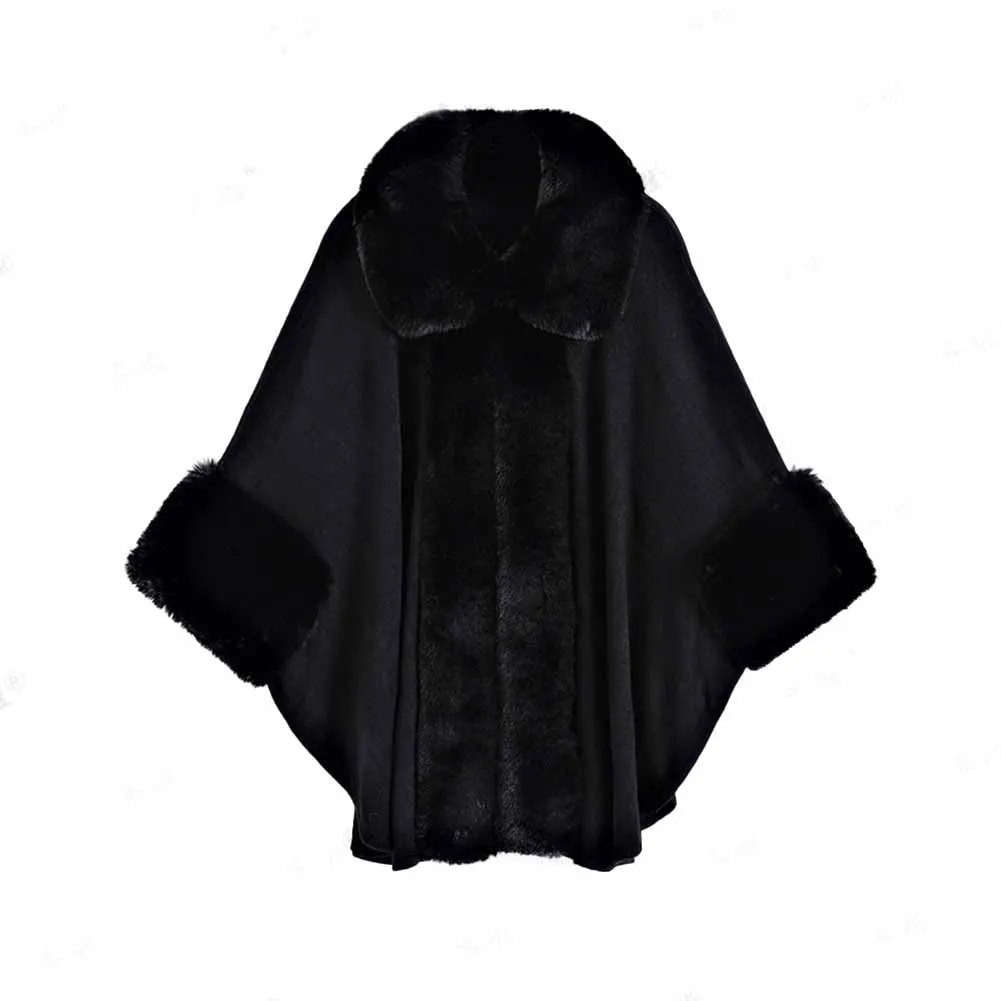 Faux Fox Fur Trim Cardigan Cloak Shawl Wraps Winter Poncho Oversized Cape Coat