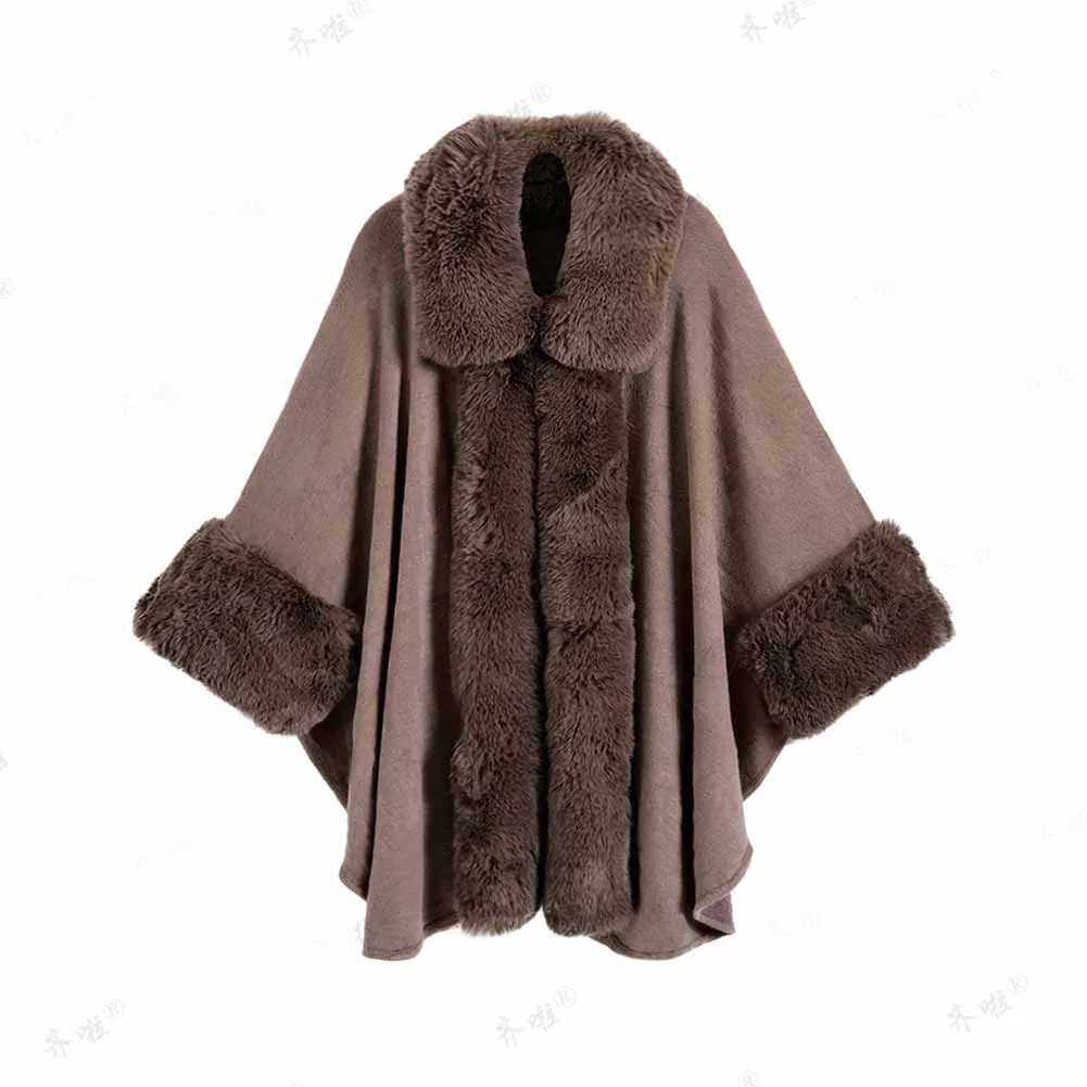 Faux Fox Fur Trim Cardigan Cloak Shawl Wraps Winter Poncho Oversized Cape Coat