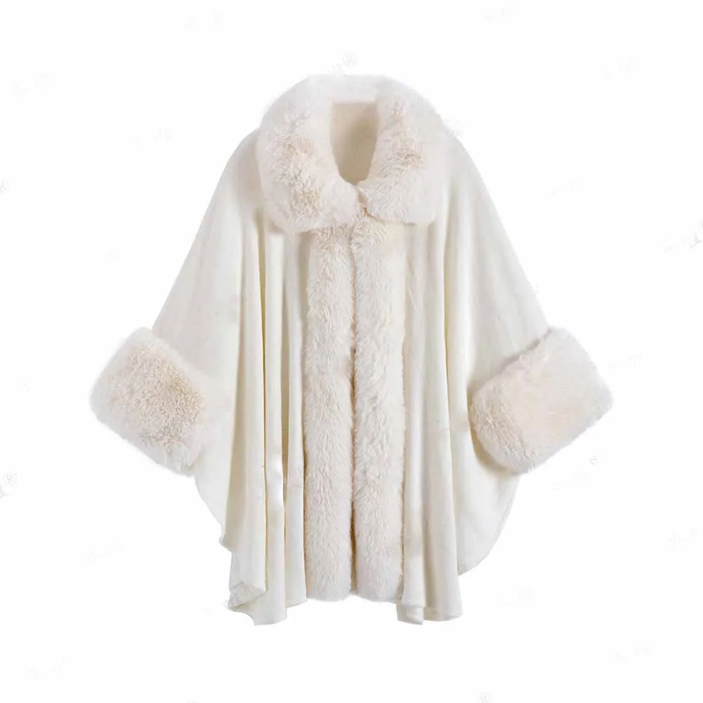 Faux Fox Fur Trim Cardigan Cloak Shawl Wraps Winter Poncho Oversized Cape Coat