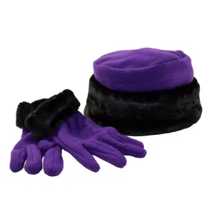 Fleece Pill Box Hat with Faux Fur Trim and Gloves Set