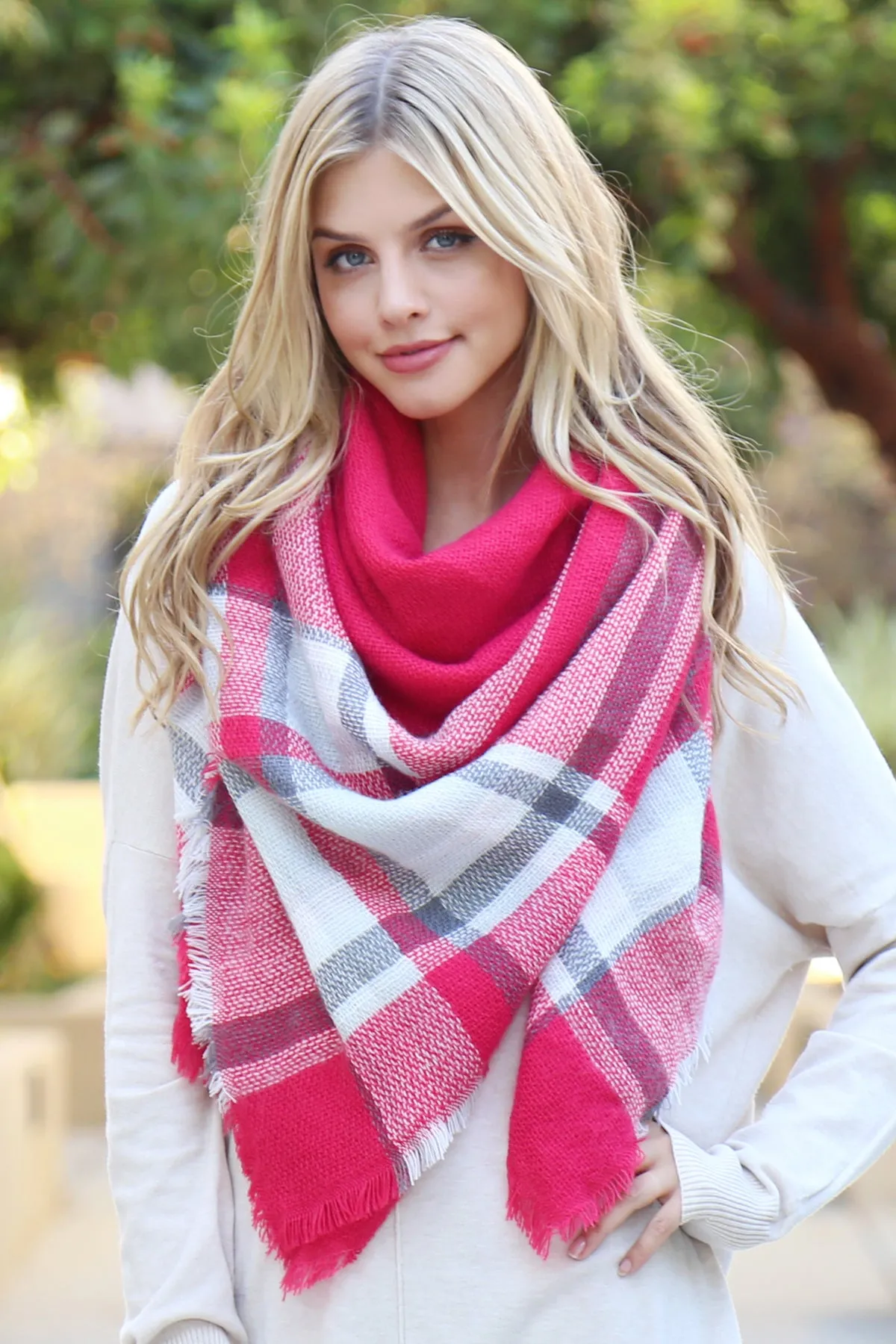 FUCHSIA TARTAN FRINGED SCARF