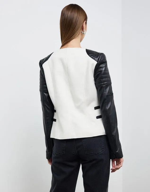 Greenwich St Motor Jacket in Chalk White Wool & Black Leather