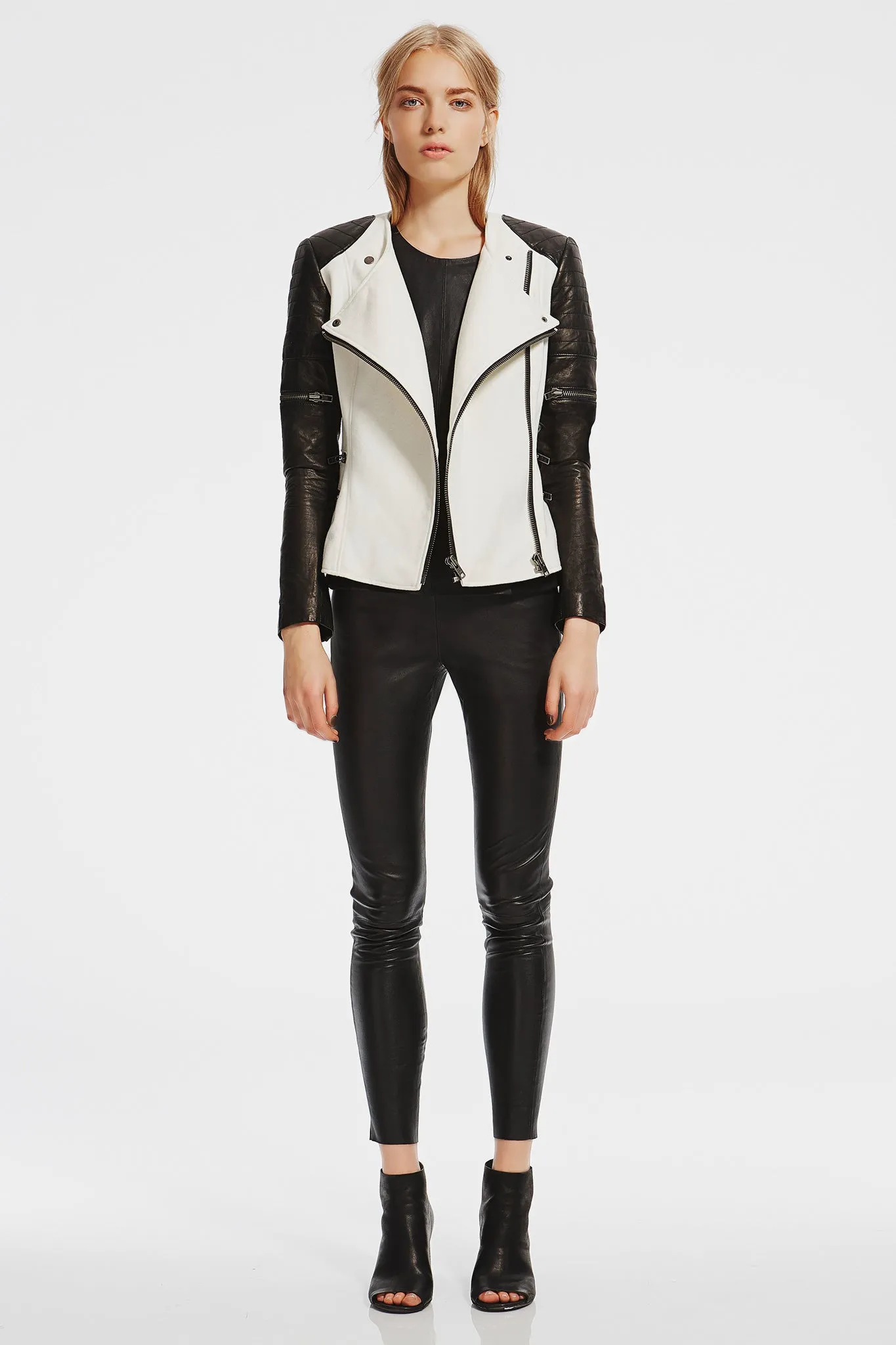 Greenwich St Motor Jacket in Chalk White Wool & Black Leather