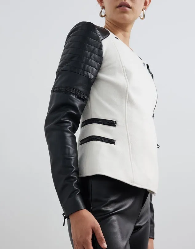 Greenwich St Motor Jacket in Chalk White Wool & Black Leather