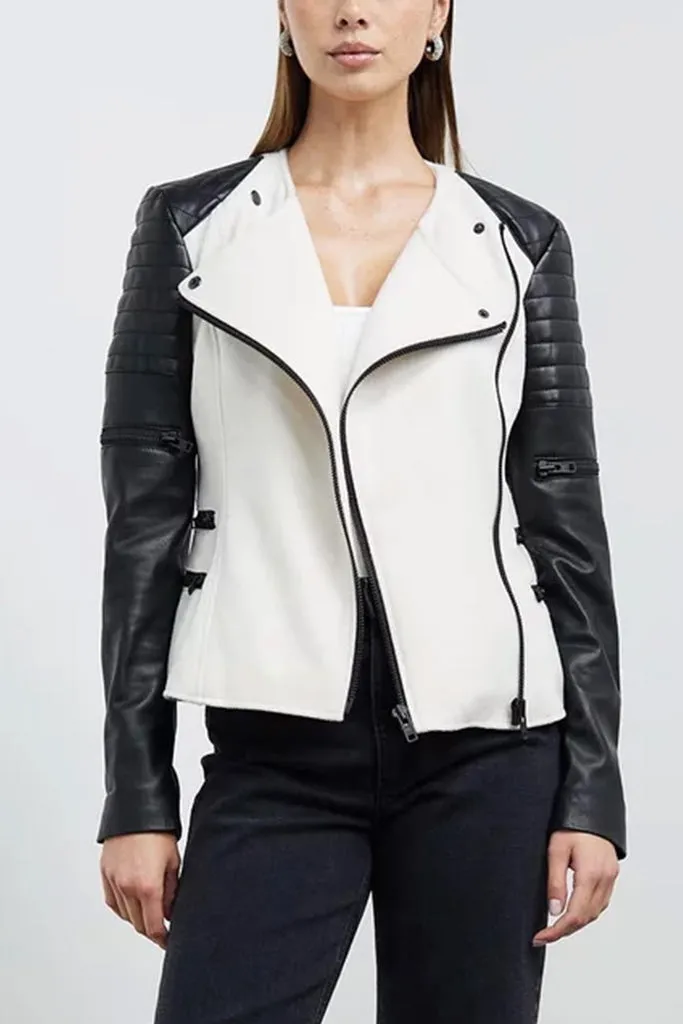 Greenwich St Motor Jacket in Chalk White Wool & Black Leather