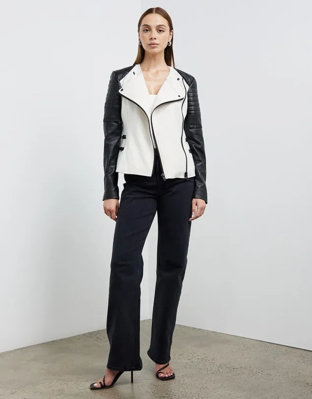 Greenwich St Motor Jacket in Chalk White Wool & Black Leather