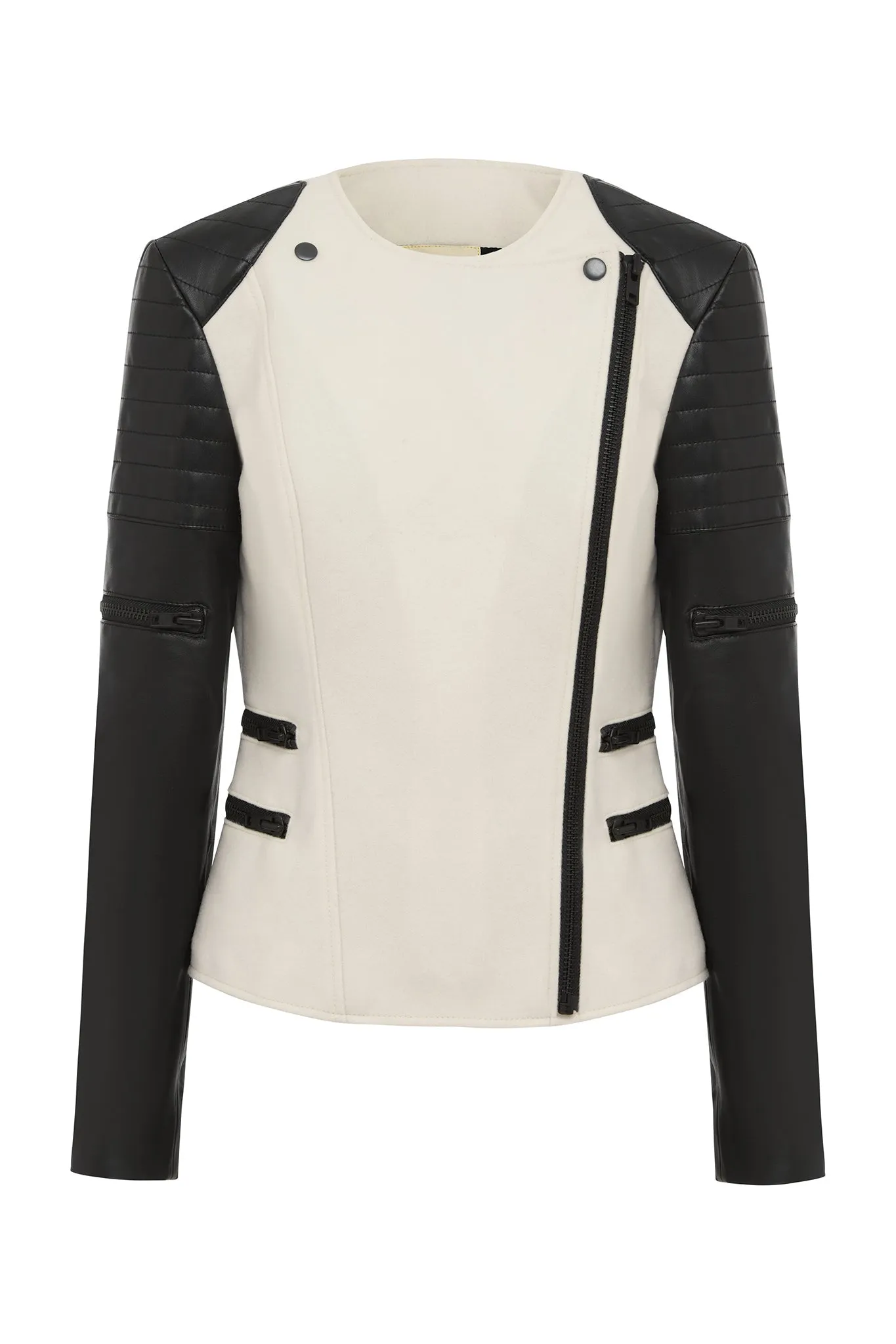 Greenwich St Motor Jacket in Chalk White Wool & Black Leather