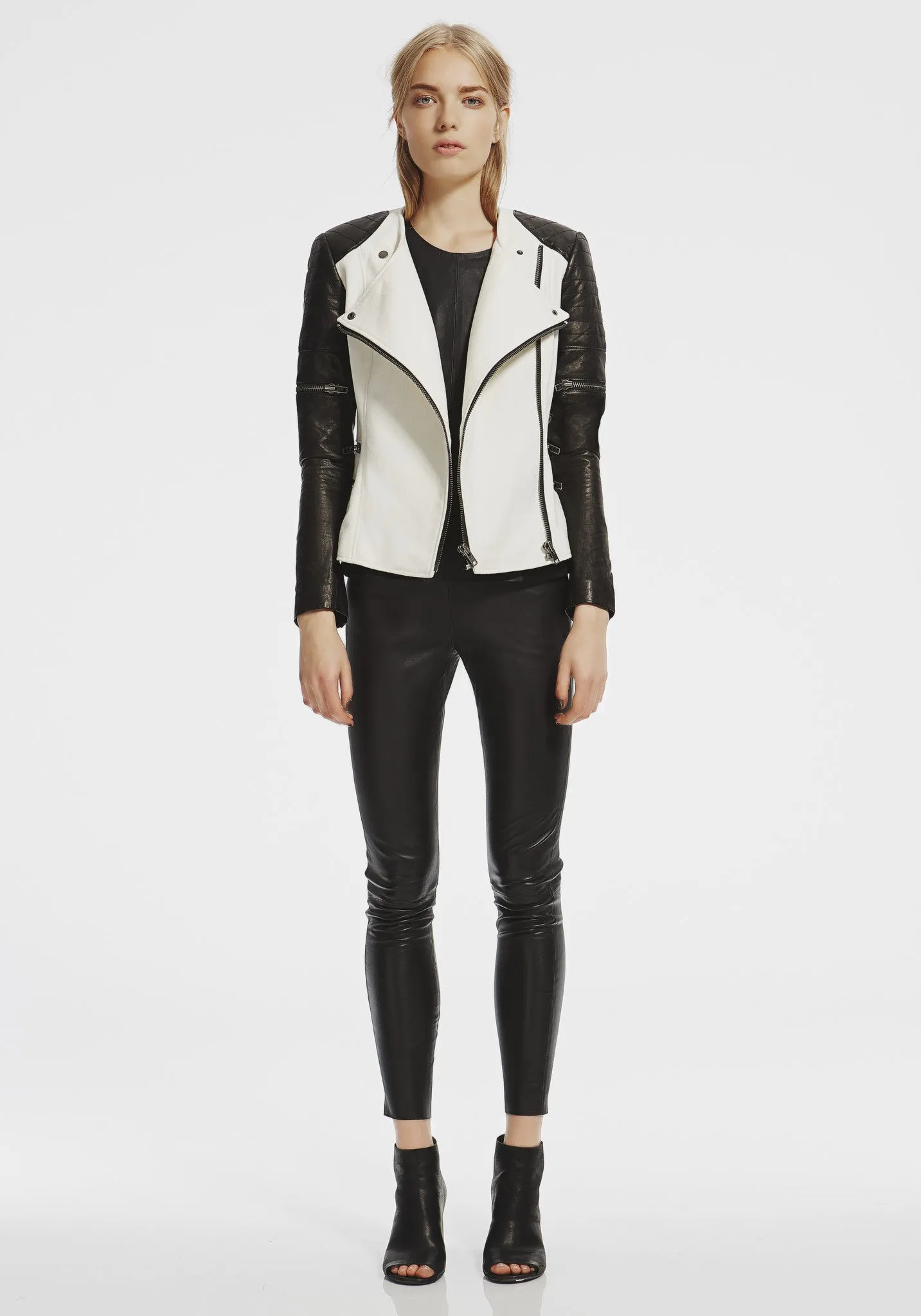 Greenwich St Motor Jacket in Chalk White Wool & Black Leather