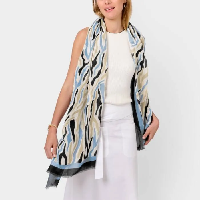 Katie Loxton Ecru, Blue & Black Abstract Zebra Printed Scarf