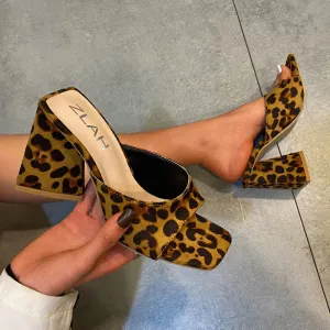 Leopard Print Square Toe Chunky Heeled Sandals