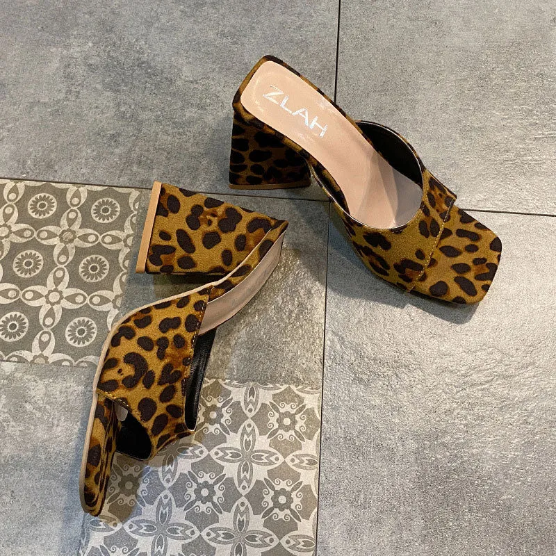 Leopard Print Square Toe Chunky Heeled Sandals