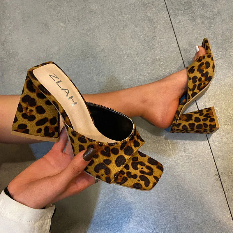 Leopard Print Square Toe Chunky Heeled Sandals