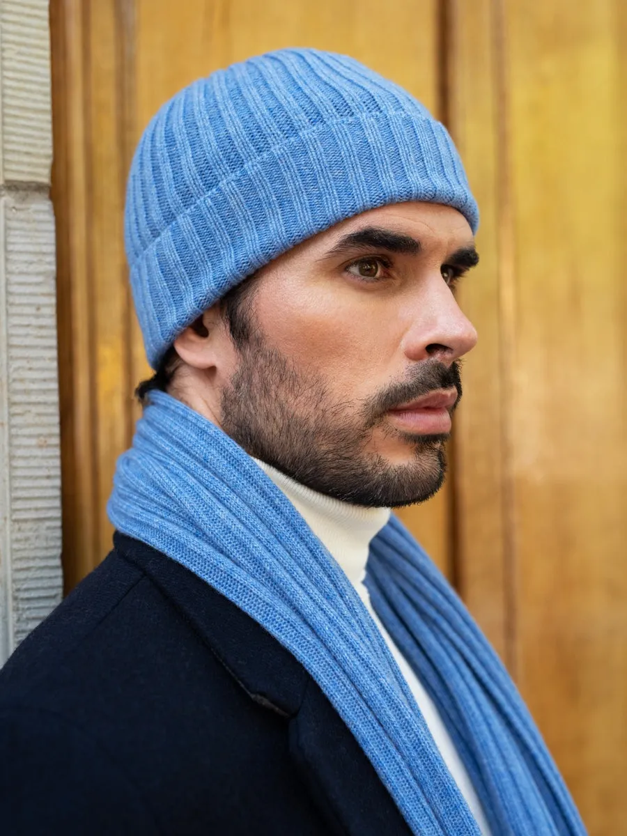 Milano (light blue) - 100% cashmere ribbed beanie (unisex)