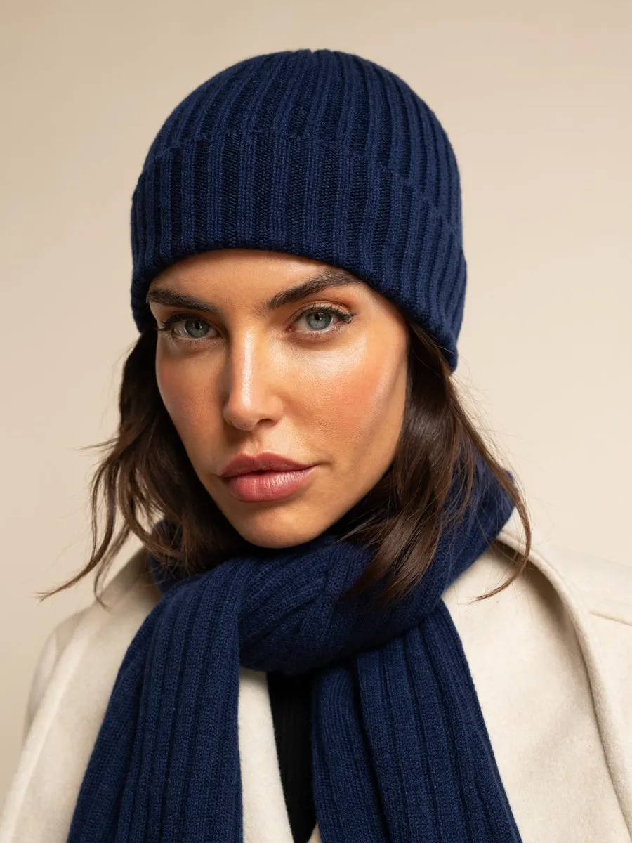 Milano (navy blue) - 100% cashmere ribbed beanie (unisex)